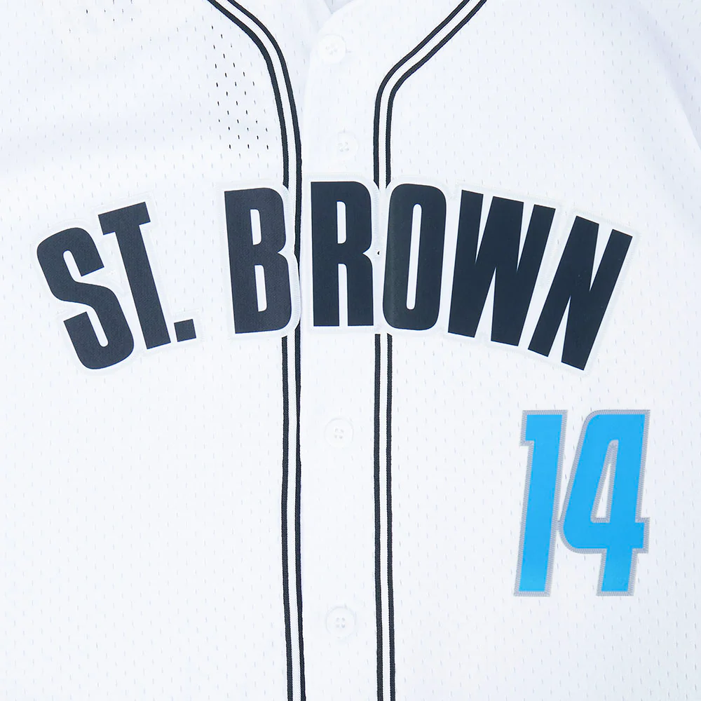 NFL DETROIT LIONS AMON RA ST. BROWN #14 CLASSIC MESH PNN MEN'S MESH BUTTON DOWN SHIRT (WHITE/BLACK/WHITE) - Image 5