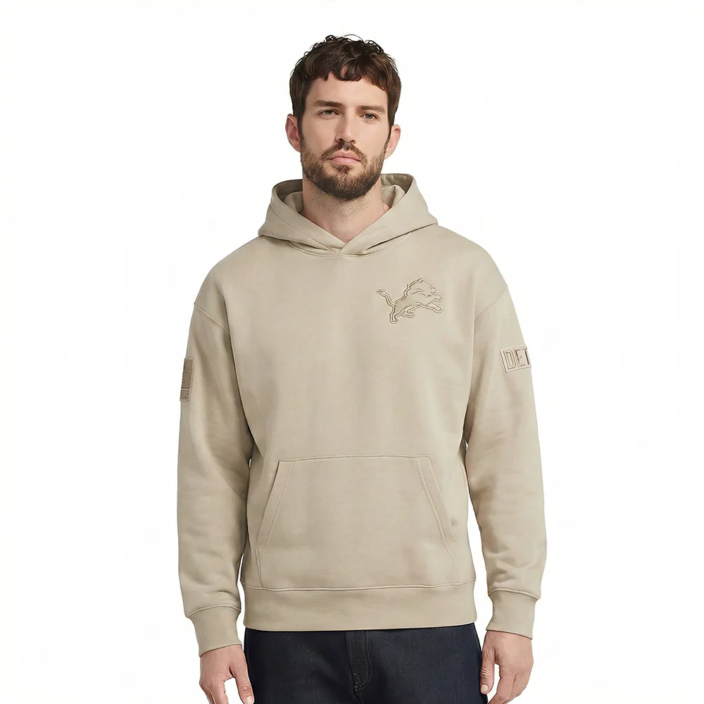 NFL DETROIT LIONS NEUTRAL DROP SHOULDER FLEECE PULLOVER HOODIE (TAUPE)
