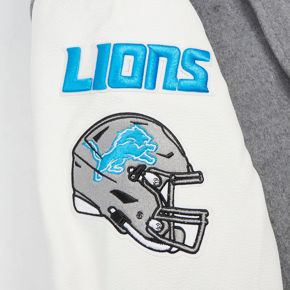 NFL DETROIT LIONS OLD ENGLISH MEN'S RIB WOOL VARSITY JACKET (HEATHER GREY/WHITE/BLACK) - Image 6