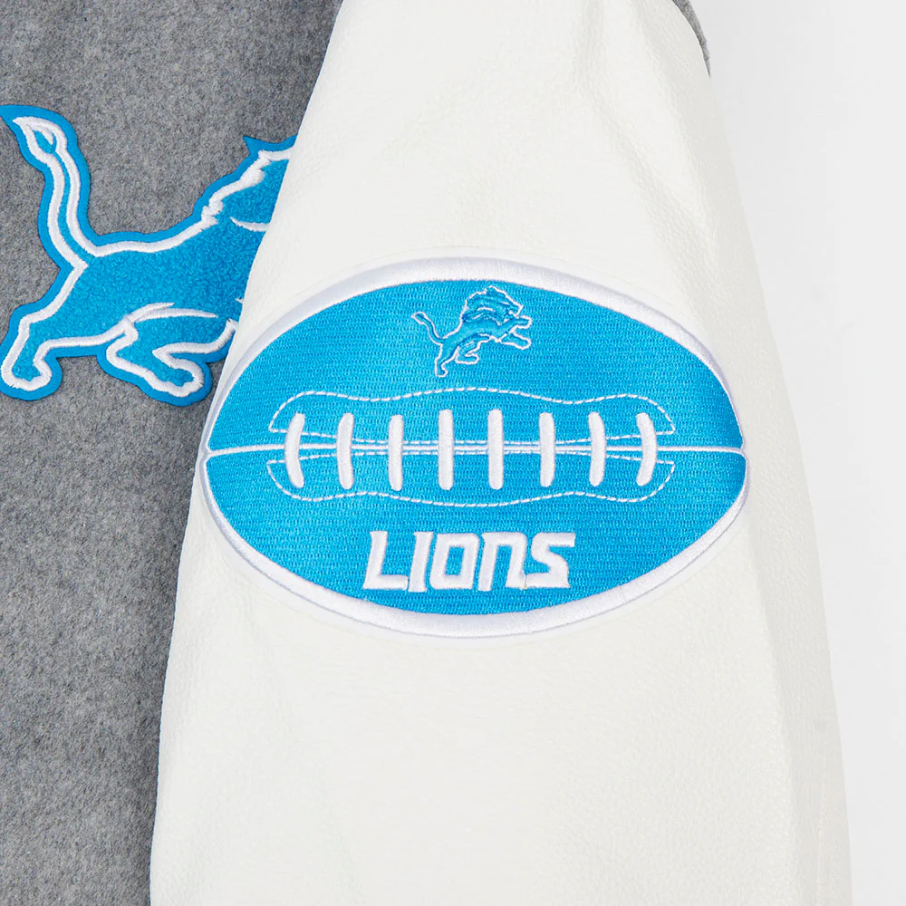 NFL DETROIT LIONS OLD ENGLISH MEN'S RIB WOOL VARSITY JACKET (HEATHER GREY/WHITE/BLACK) - Image 7