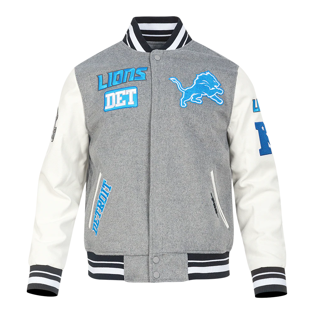 NFL DETROIT LIONS AREA CODE MEN'S RIB WOOL VARSITY JACKET (HEATHER GREY/WHITE/BLACK)