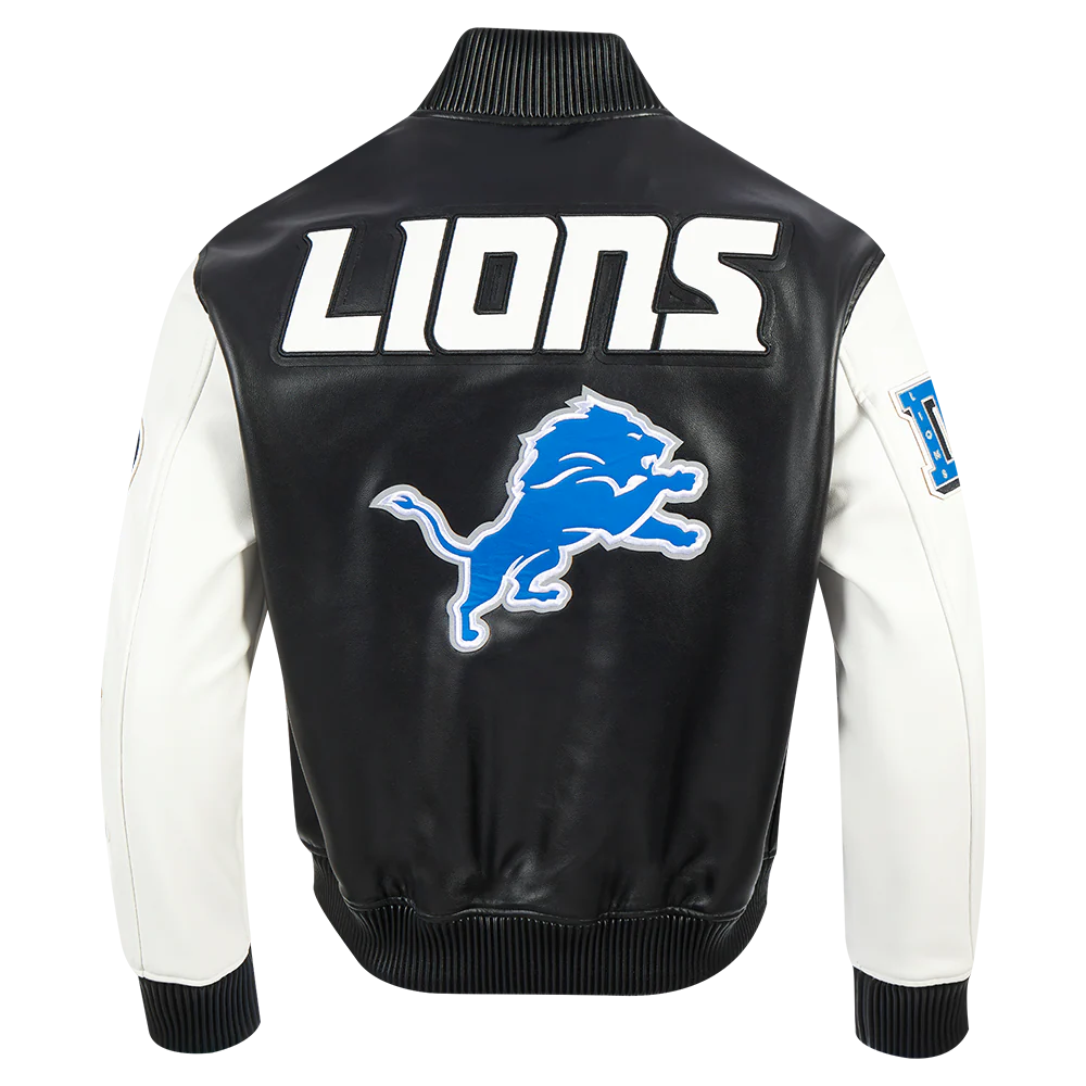 NFL DETROIT LIONS CITY SIGNATURE MEN'S LEATHER VARSITY JACKET (BLACK/WHITE)
