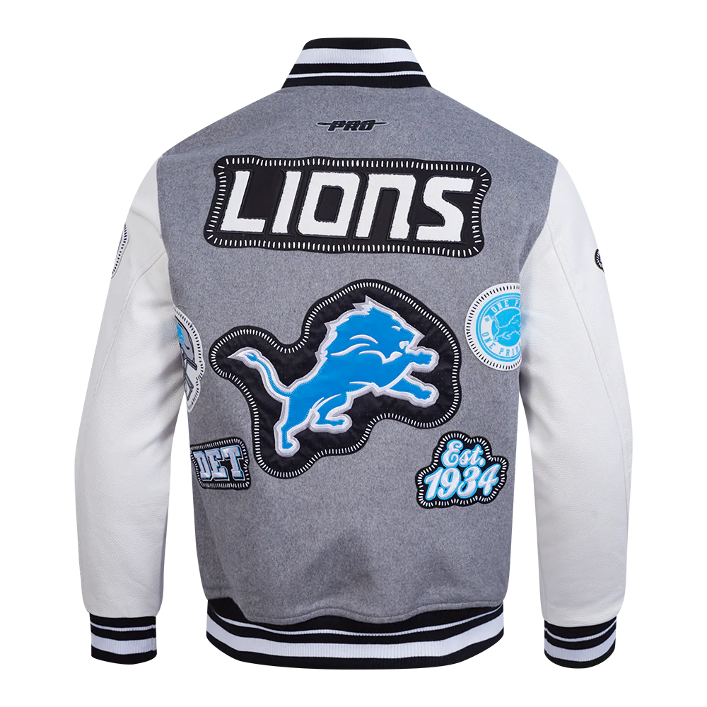 NFL DETROIT LIONS DIY PICK STITCH MEN'S RIB WOOL VARSITY JACKET (HEATHER GREY/WHITE/BLACK) - Image 3