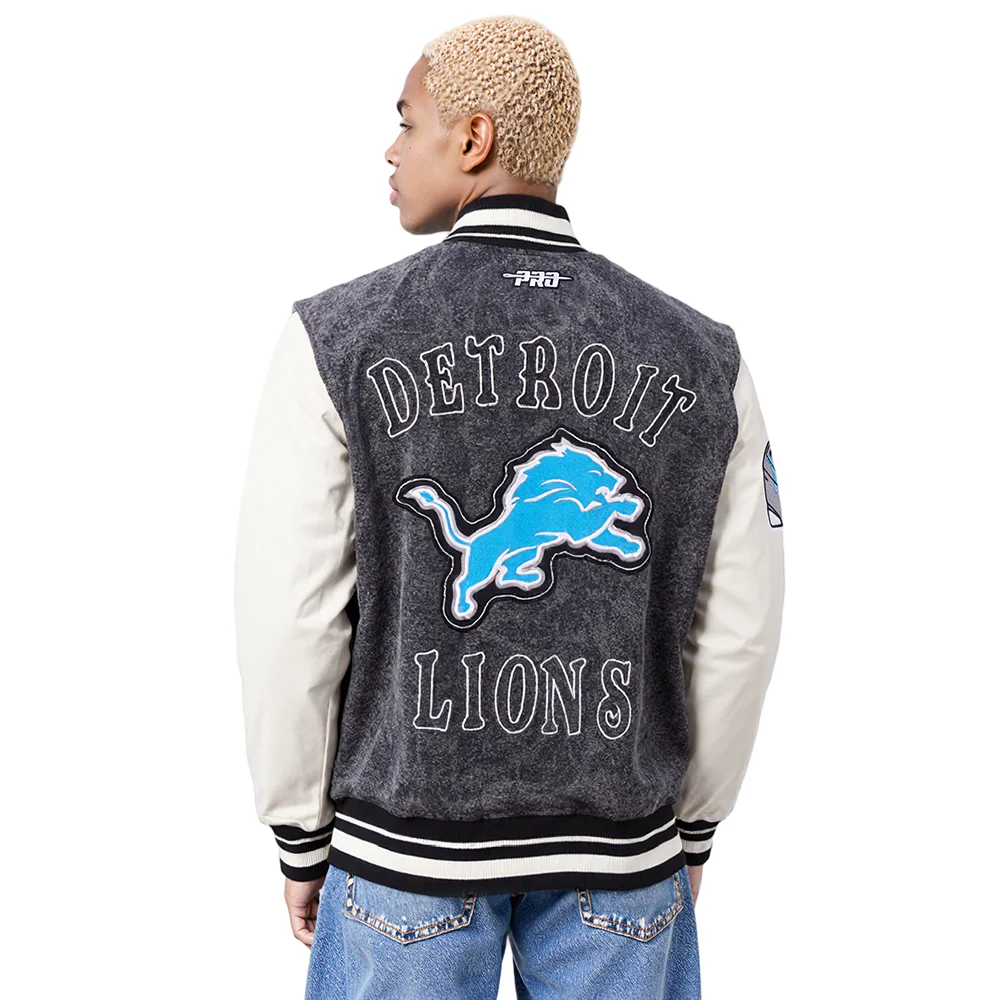 NFL DETROIT LIONS REBEL ATHLETICS MEN'S DENIM VARSITY JACKET (WASHED BLACK/EGGSHELL) - Image 11