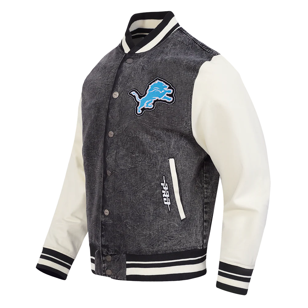 NFL DETROIT LIONS REBEL ATHLETICS MEN'S DENIM VARSITY JACKET (WASHED BLACK/EGGSHELL) - Image 4