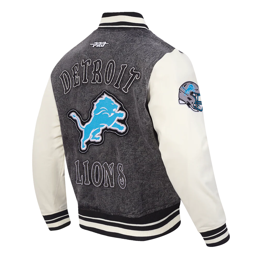 NFL DETROIT LIONS REBEL ATHLETICS MEN'S DENIM VARSITY JACKET (WASHED BLACK/EGGSHELL) - Image 6