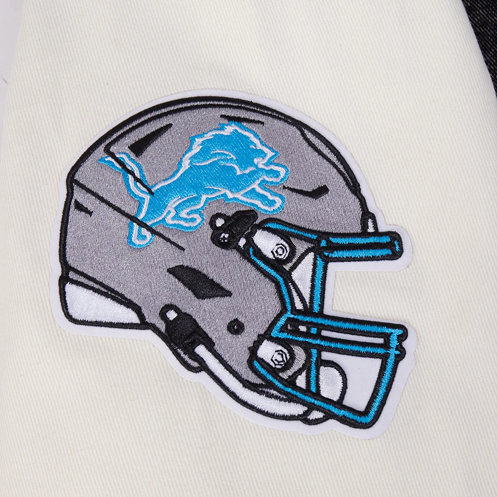 NFL DETROIT LIONS REBEL ATHLETICS MEN'S DENIM VARSITY JACKET (WASHED BLACK/EGGSHELL) - Image 7