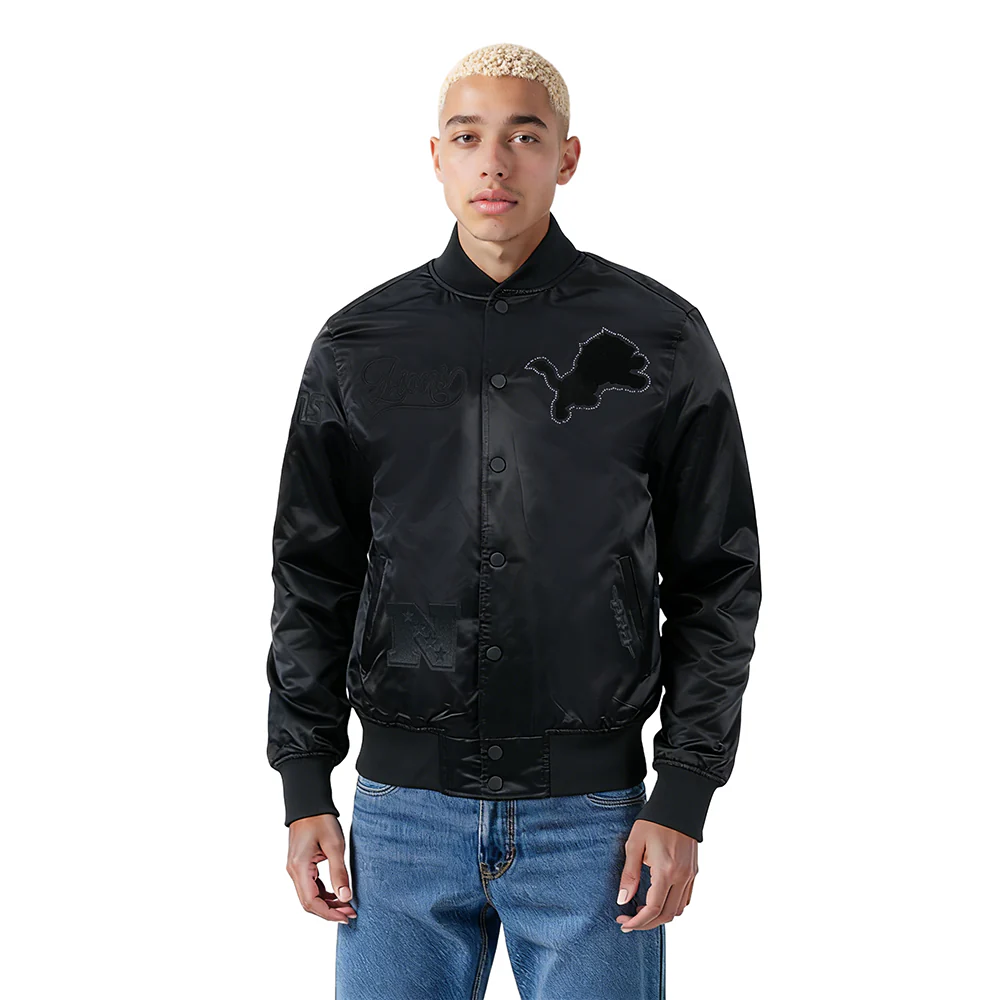 NFL DETROIT LIONS BLACKOUT MEN'S SATIN JACKET (BLACK)