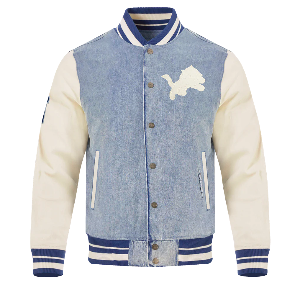 NFL DETROIT LIONS VARSITY BLUES MEN'S DENIM VARSITY JACKET (DENIM/LINEN)