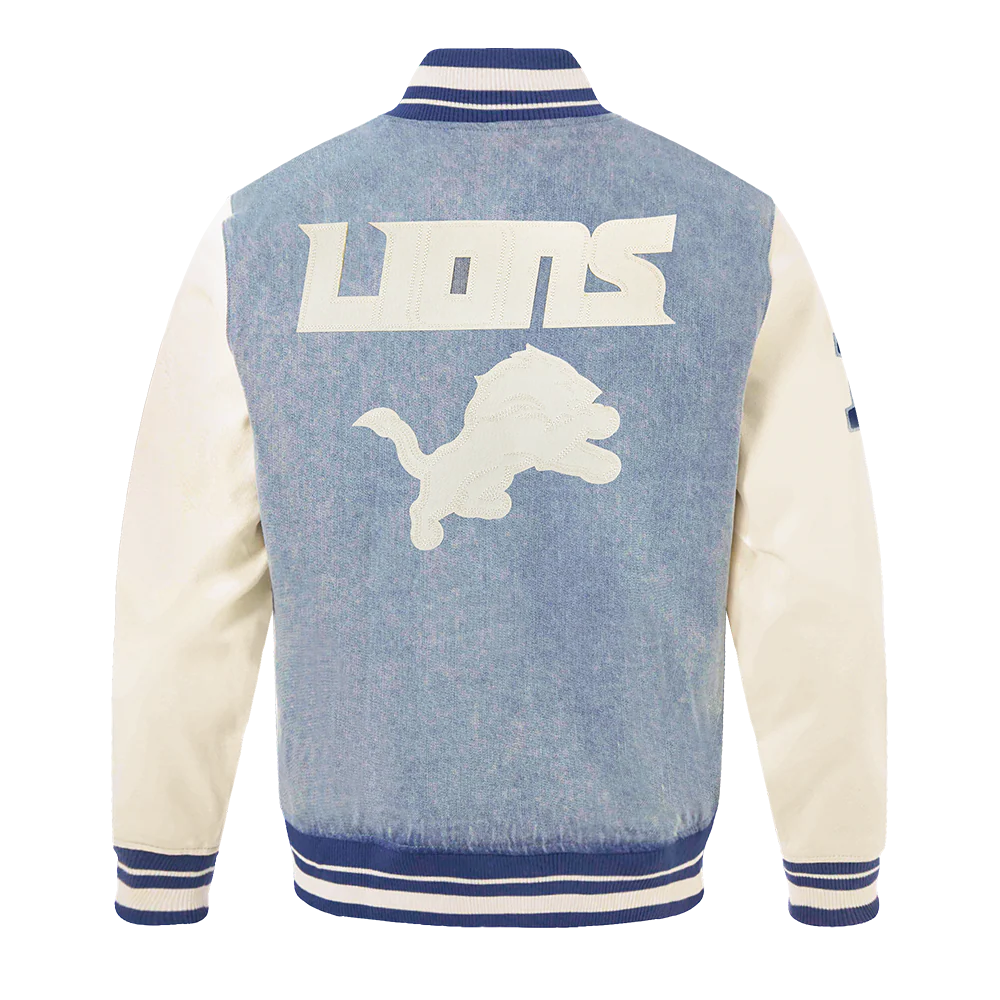 NFL DETROIT LIONS VARSITY BLUES MEN'S DENIM VARSITY JACKET (DENIM/LINEN) - Image 3