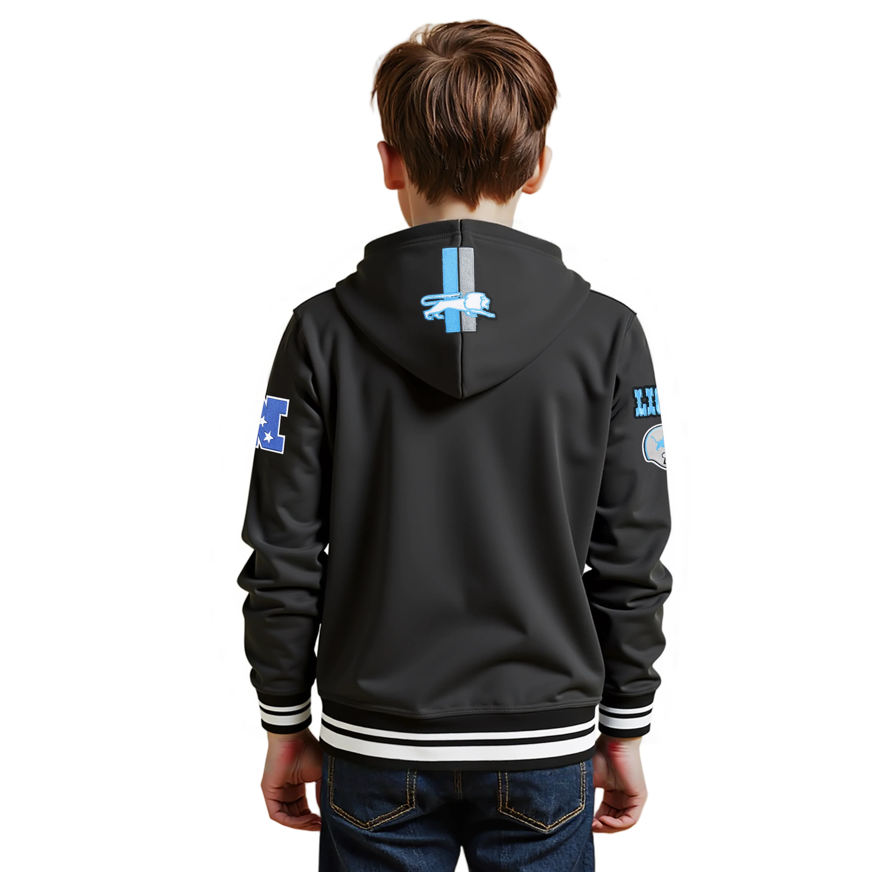 NFL DETROIT LIONS RETRO CLASSIC BIG BOYS RIB FLEECE PULLOVER HOODIE (BLACK) - Image 2