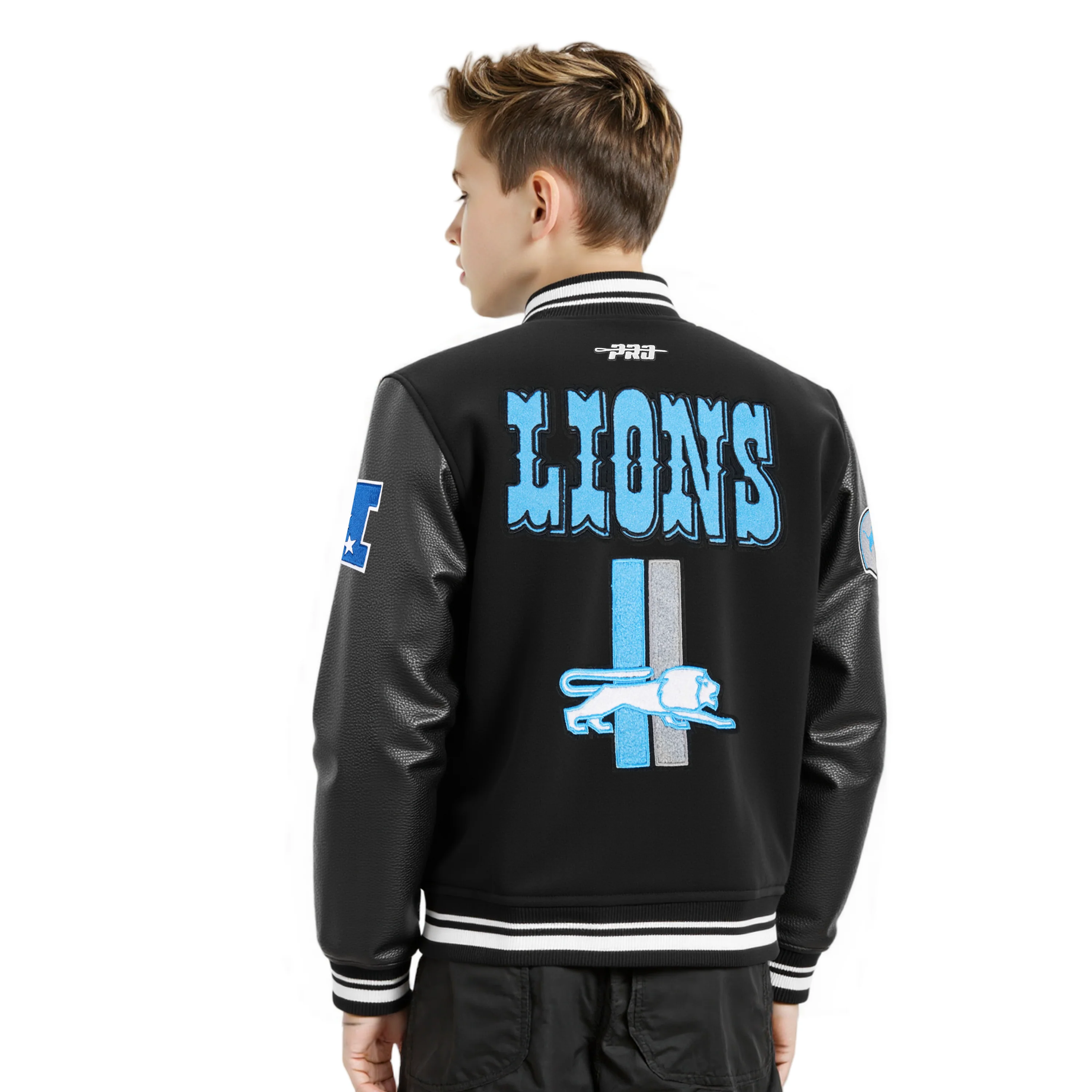 NFL DETROIT LIONS RETRO CLASSIC BIG BOYS RIB WOOL VARSITY JACKET (BLACK) - Image 2