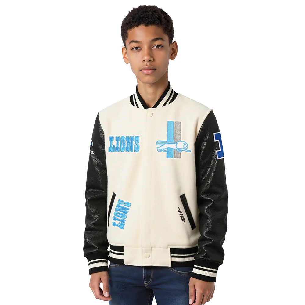 NFL DETROIT LIONS RETRO CLASSIC BIG BOYS RIB WOOL VARSITY JACKET (EGGSHELL/ BLACK)