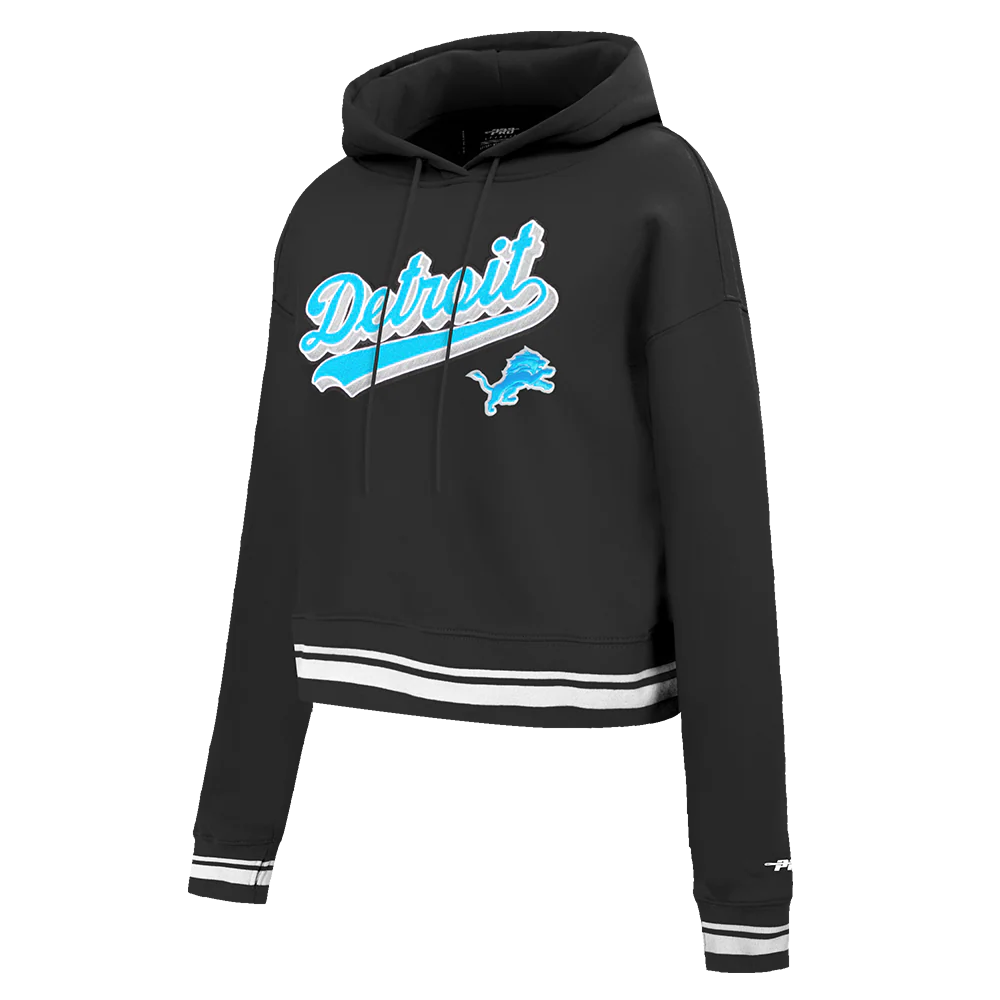 NFL DETROIT LIONS SCRIPT TAIL WOMEN'S RIB FLEECE CROPPED PULLOVER HOODIE (BLACK) - Image 2