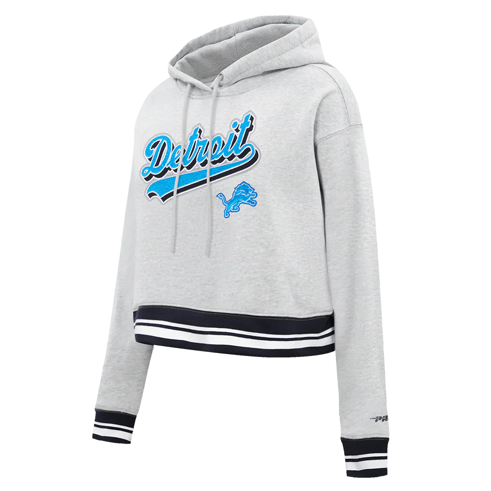 NFL DETROIT LIONS SCRIPT TAIL WOMEN'S RIB FLEECE CROPPED PULLOVER HOODIE (HEATHER GRAY/BLACK) - Image 4