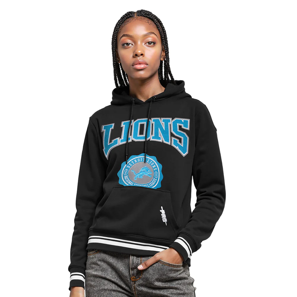 NFL DETROIT LIONS CREST EMBLEM WOMEN'S RIB FLC PO HOODIE (BLACK)