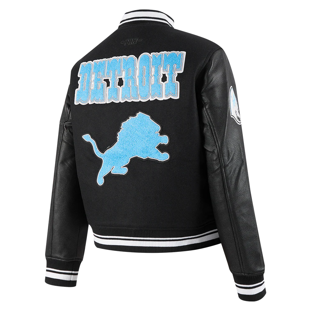 NFL DETROIT LIONS RETRO CLASSIC WOMEN'S RIB WOOL VARSITY JACKET (BLACK) - Image 4