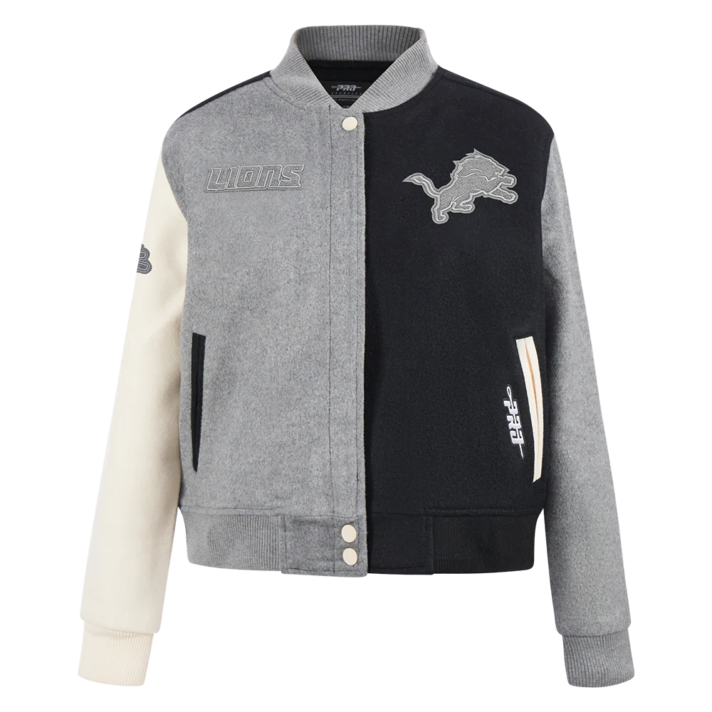 NFL DETROIT LIONS REVERSE FRENCH TERRY WOMEN'S WOOL VARSITY JACKET (BLACK/GRAY/EGGSHELL)