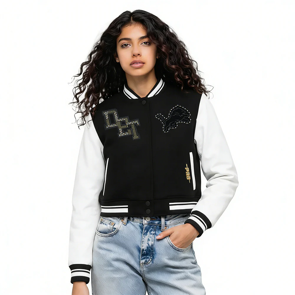 NFL DETROIT LIONS RENEGADE WOMEN'S RIB CROPPED WOOL VARSITY JACKET (BLACK/WHITE)