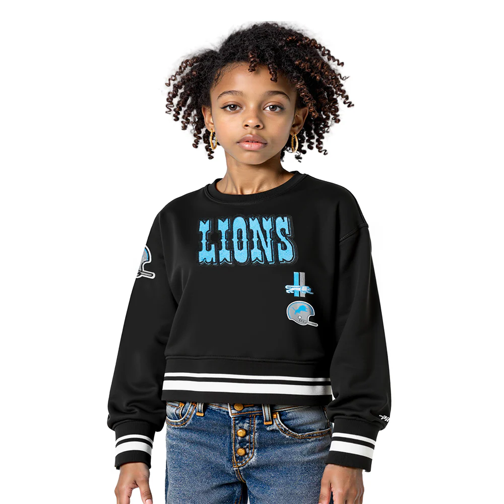 NFL DETROIT LIONS RETRO CLASSIC LITTLE GIRLS RIB FLEECE CREWNECK (BLACK)