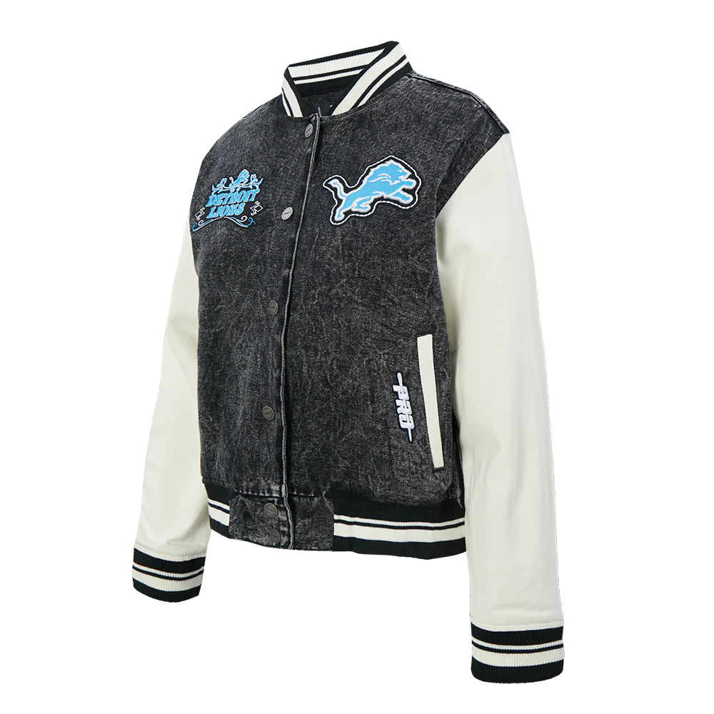 NFL DETROIT LIONS REBEL ATHLETICS WOMEN'S DENIM JACKET (WASHED BLACK/EGGSHELL) - Image 3