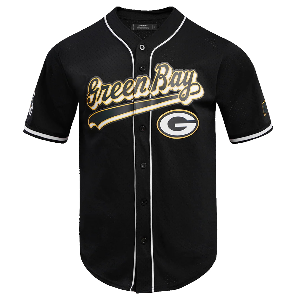 NFL GREEN BAY PACKERS SCRIPT TAIL MEN'S MESH BUTTON DOWN SHIRT (BLACK)