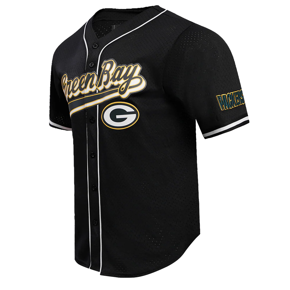 NFL GREEN BAY PACKERS SCRIPT TAIL MEN'S MESH BUTTON DOWN SHIRT (BLACK) - Image 2