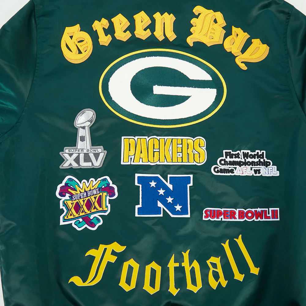 NFL GREEN BAY PACKERS OLD ENGLISH MEN'S RIB SATIN JACKET (FOREST GREEN) - Image 8