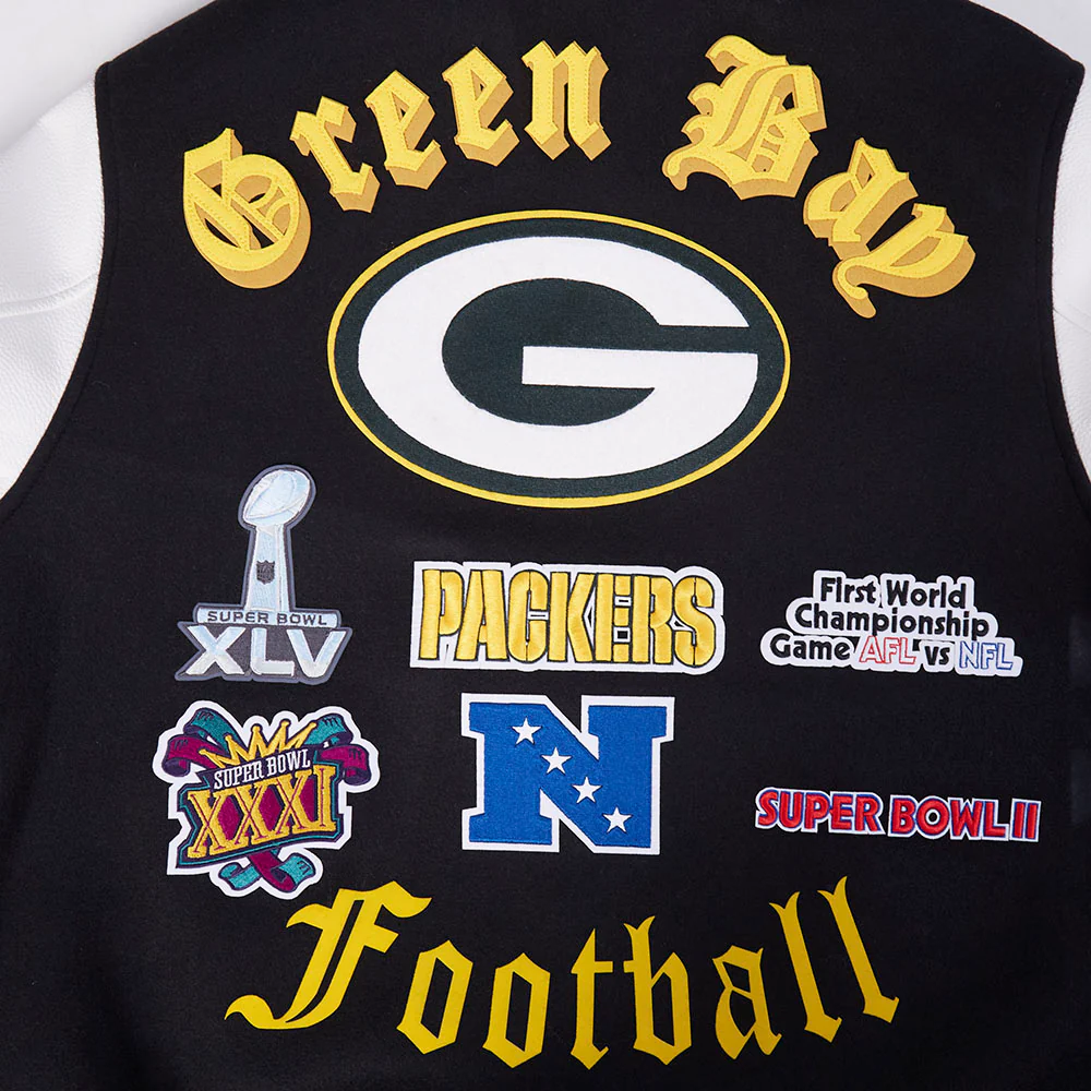 NFL GREEN BAY PACKERS OLD ENGLISH MEN'S RIB WOOL VARSITY JACKET (BLACK/WHITE) - Image 7