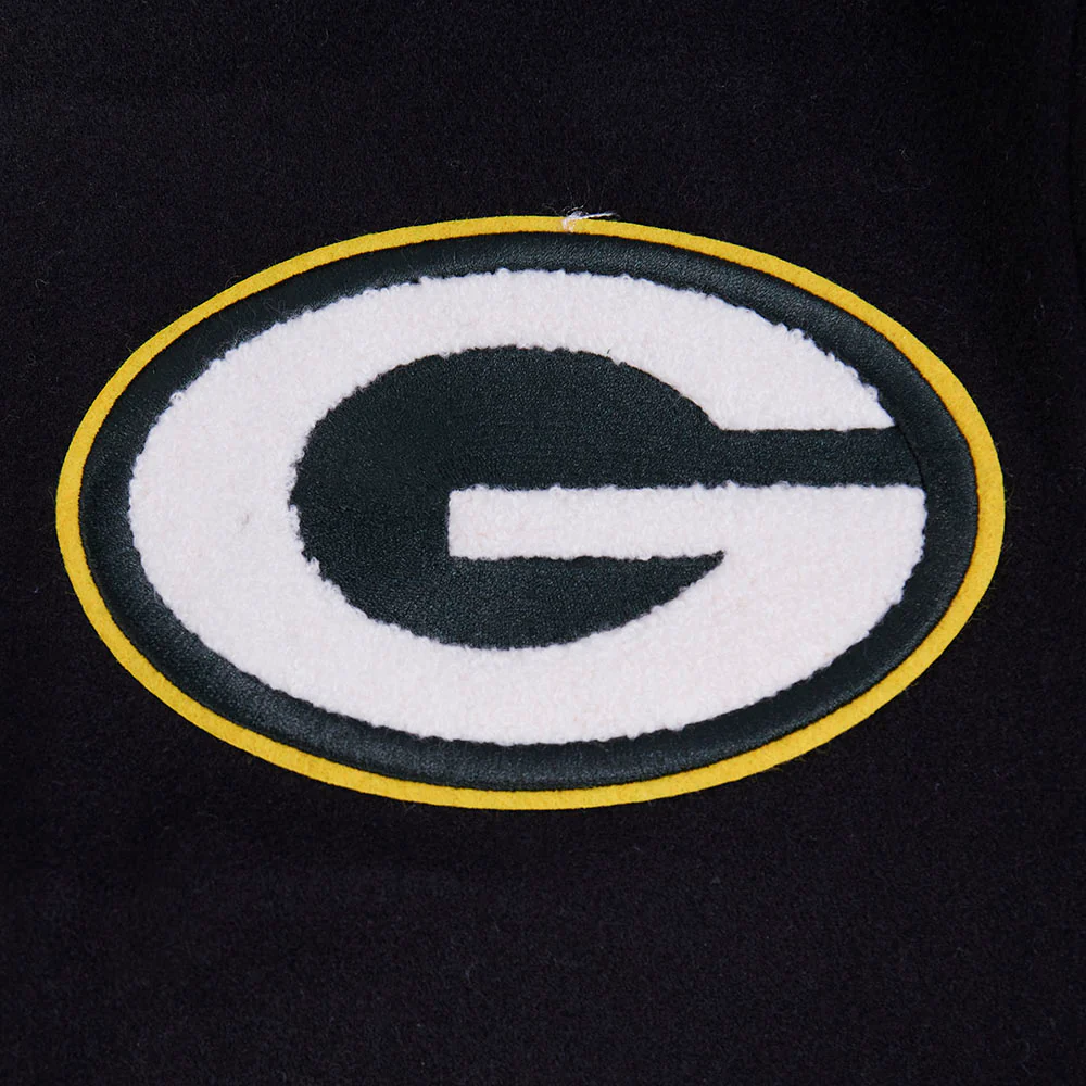 NFL GREEN BAY PACKERS OLD ENGLISH MEN'S RIB WOOL VARSITY JACKET (BLACK/WHITE) - Image 8