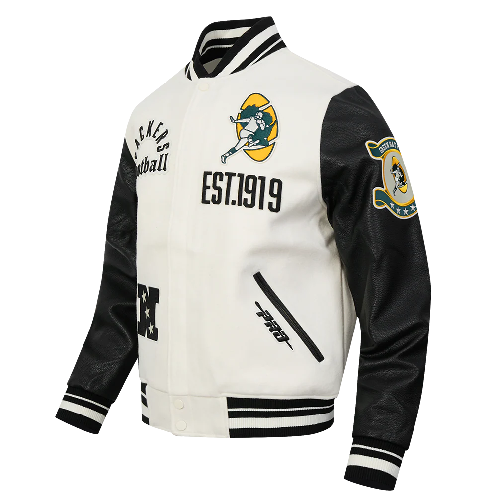 NFL GREEN BAY PACKERS MODERN ORIGINALS MEN'S RIB WOOL VARSITY JACKET (EGGSHELL/ BLACK) - Image 5