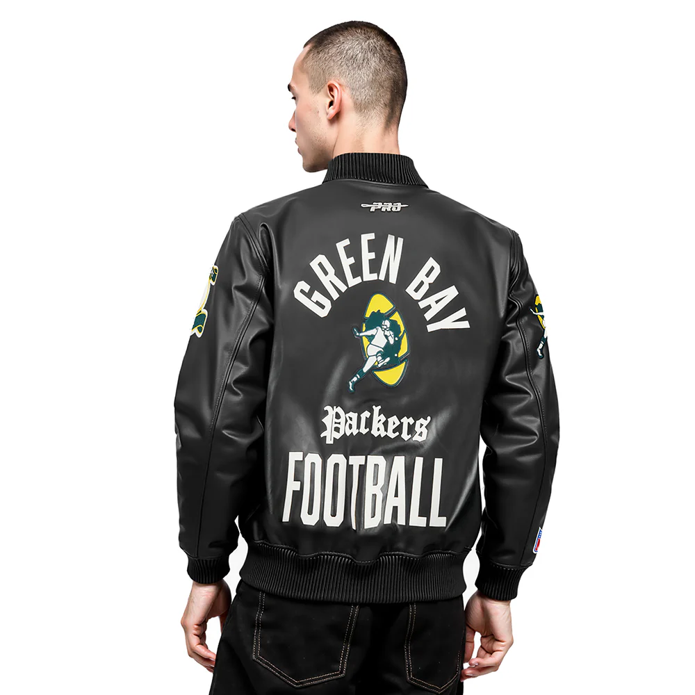 NFL GREEN BAY PACKERS MODERN ORIGINALS MEN'S LEATHER VARSITY JACKET (JET BLACK) - Image 2