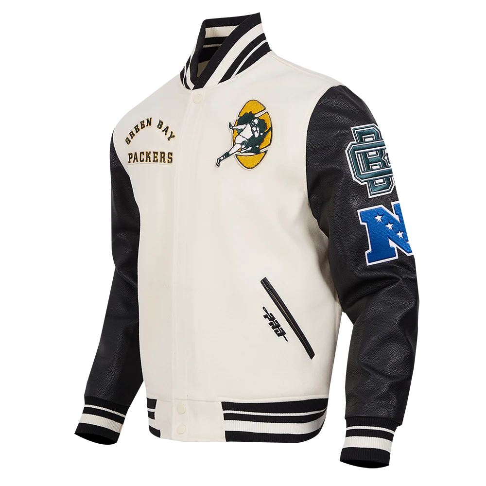 NFL GREEN BAY PACKERS RETRO CLASSIC MEN'S RIB WOOL VARSITY JACKET (EGGSHELL/ BLACK) - Image 2