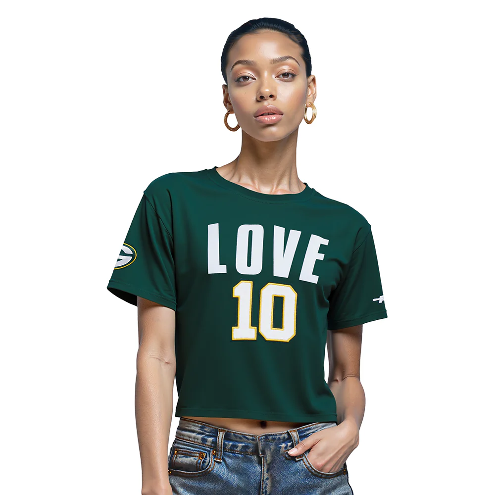 NFL GREEN BAY PACKERS JORDAN LOVE #10 CLASSIC PNN WOMEN'S SJ BOXY TEE (FOREST GREEN)