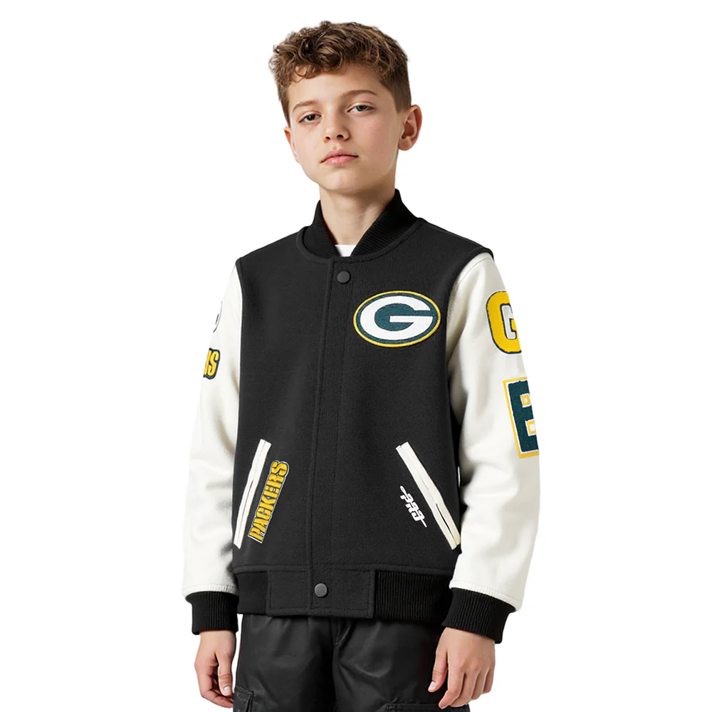 NFL GREEN BAY PACKERS CLASSIC BIG BOYS WOOL VARSITY JACKET (BLACK/WHITE) - Image 9