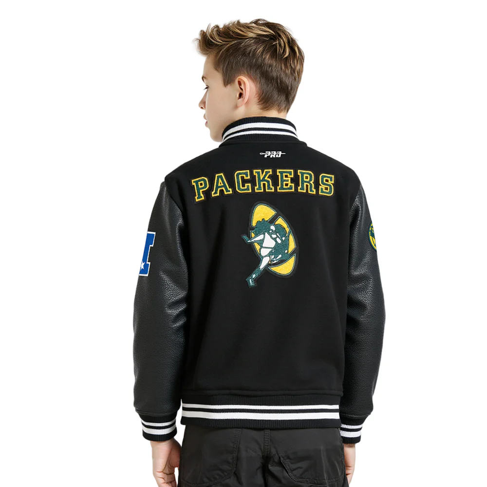 NFL GREEN BAY PACKERS RETRO CLASSIC BIG BOYS RIB WOOL VARSITY JACKET (BLACK) - Image 2