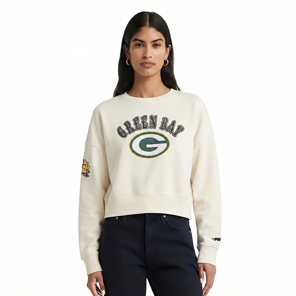 NFL GREEN BAY PACKERS REBEL ATHLETICS WOMEN'S FLC CREWNECK (EGGSHELL)