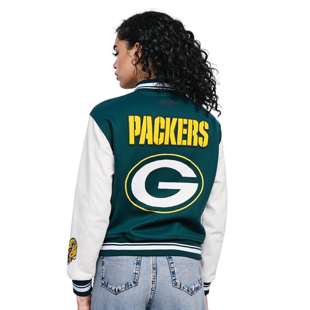 NFL GREEN BAY PACKERS MASHUP WOMEN'S RIB WOOL VARSITY JACKET (FOREST GREEN/WHITE) - Image 2