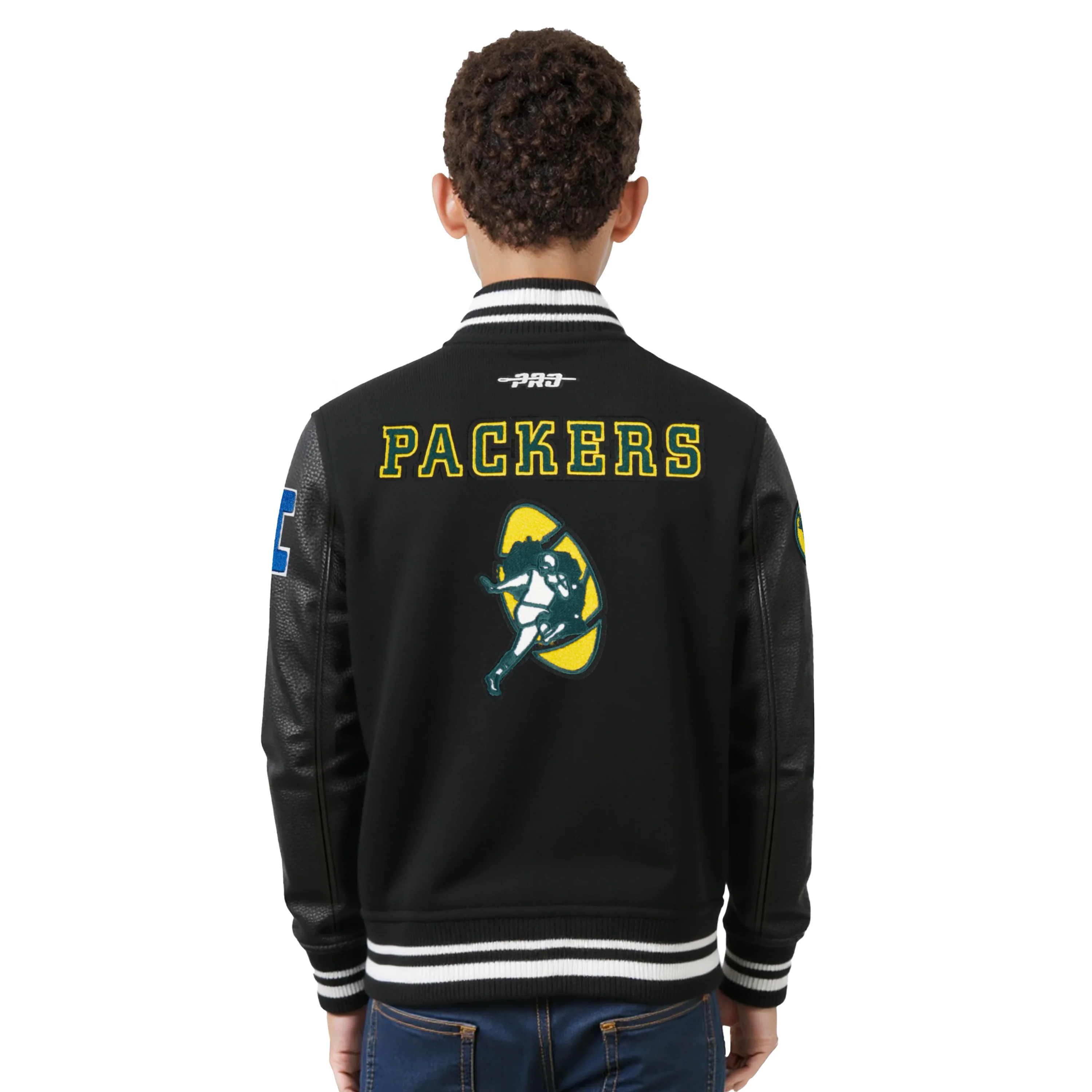 NFL GREEN BAY PACKERS RETRO CLASSIC LITTLE BOYS RIB WOOL VARSITY JACKET (BLACK) - Image 2