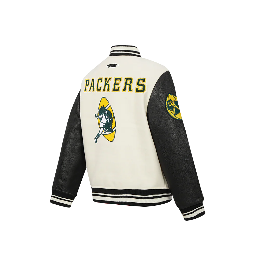 NFL GREEN BAY PACKERS RETRO CLASSIC LITTLE BOY'S RIB WOOL VARSITY JACKET (EGGSHELL/ BLACK) - Image 4