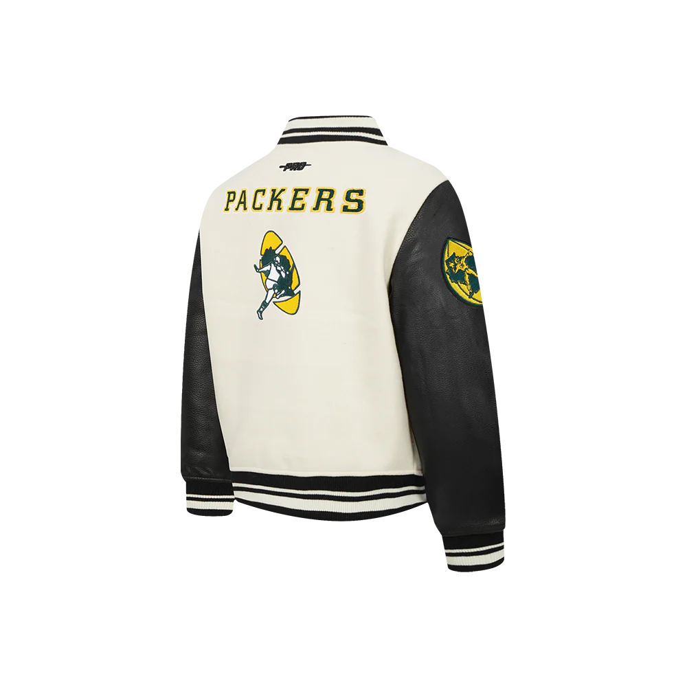 NFL GREEN BAY PACKERS RETRO CLASSIC TODDLER BOY'S RIB WOOL VARSITY JACKET (EGGSHELL/ BLACK) - Image 4