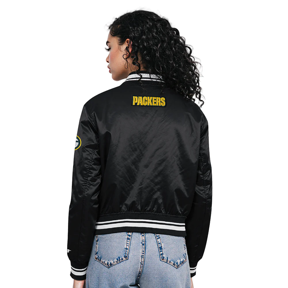 NFL GREEN BAY PACKERS SCRIPT TAIL WOMEN'S SATIN JACKET (BLACK) - Image 2