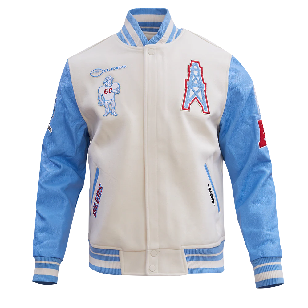 NFL HOUSTON OILERS RETRO CLASSIC MEN'S RIB WOOL VARSITY JACKET (EGGSHELL/ UNIVERSITY BLUE)