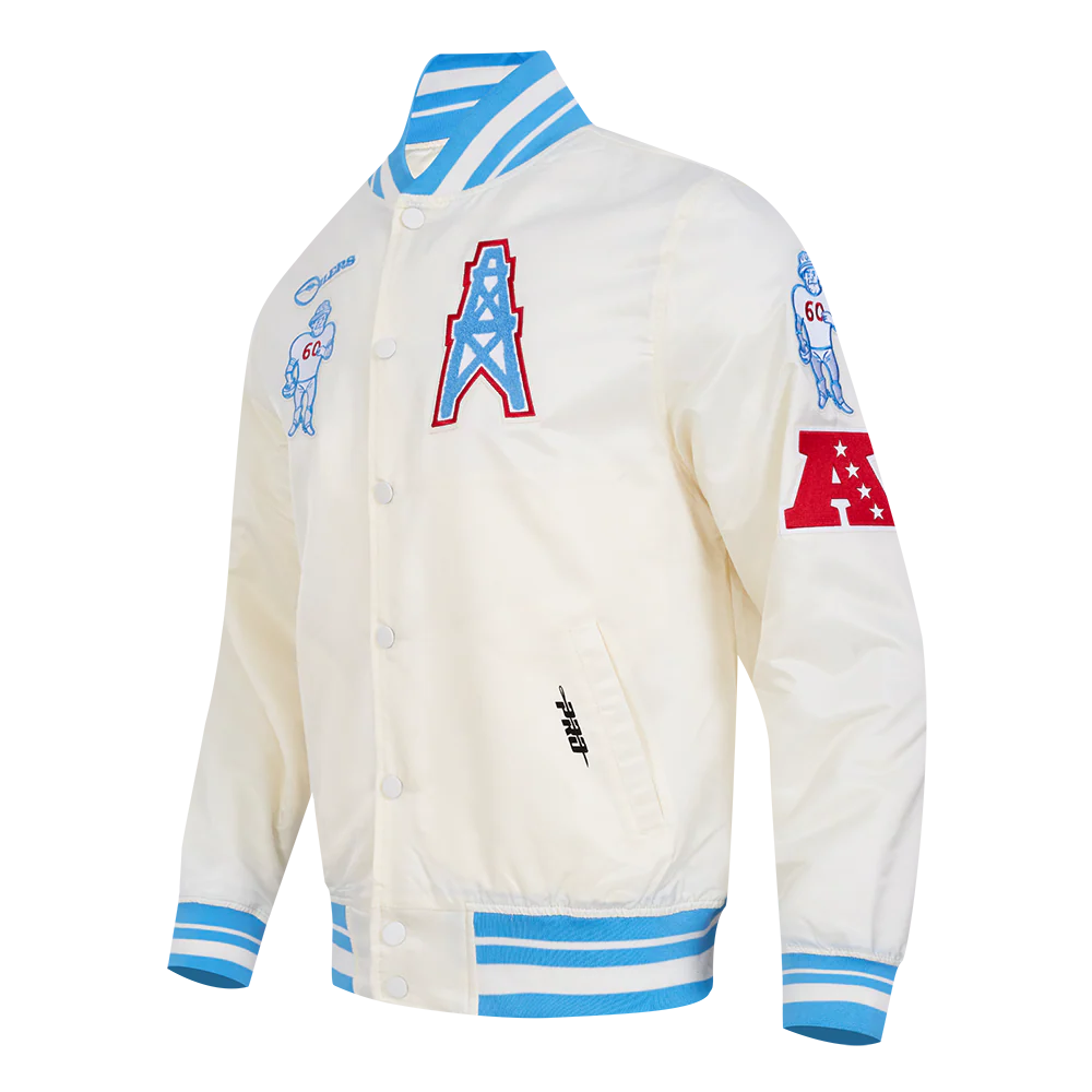 NFL HOUSTON OILERS RETRO CLASSIC MEN'S RIB SATIN JACKET (EGGSHELL/ UNIVERSITY BLUE) - Image 2