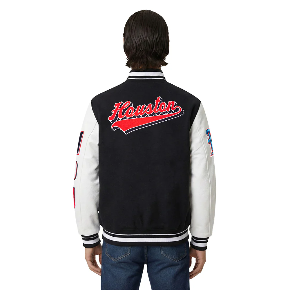 NFL HOUSTON TEXANS SCRIPT TAIL MEN'S RIB WOOL VARSITY JACKET (BLACK/WHITE) - Image 2