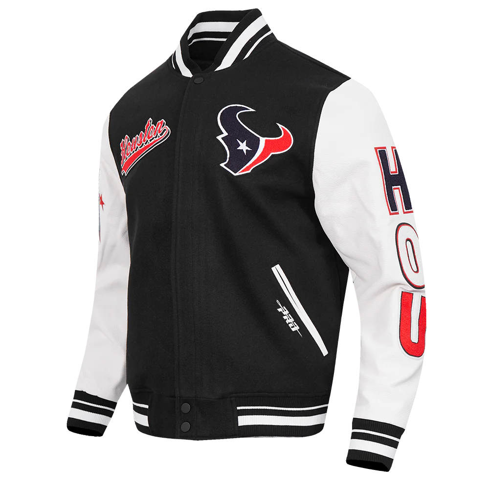 NFL HOUSTON TEXANS SCRIPT TAIL MEN'S RIB WOOL VARSITY JACKET (BLACK/WHITE) - Image 3