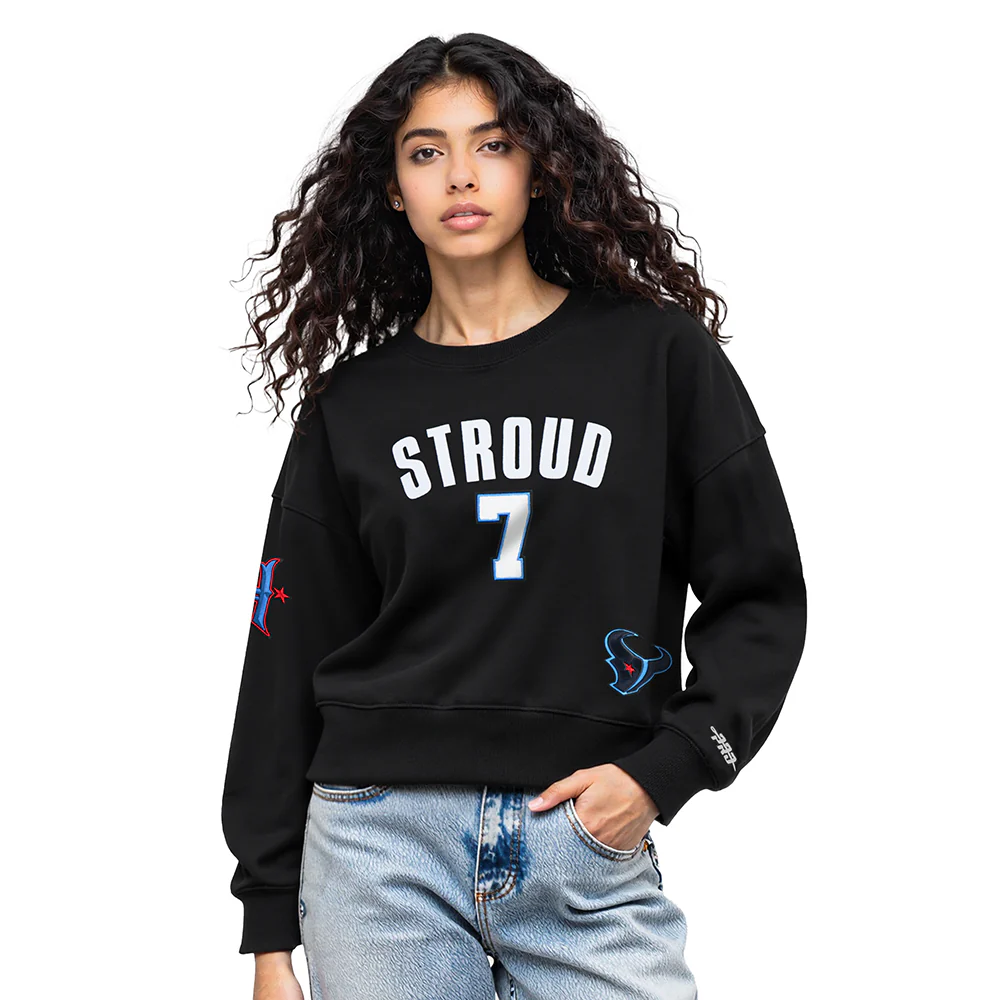 NFL HOUSTON TEXANS CJ STROUD #7 CLASSIC PNN WOMEN'S FLC CREWNECK (BLACK)