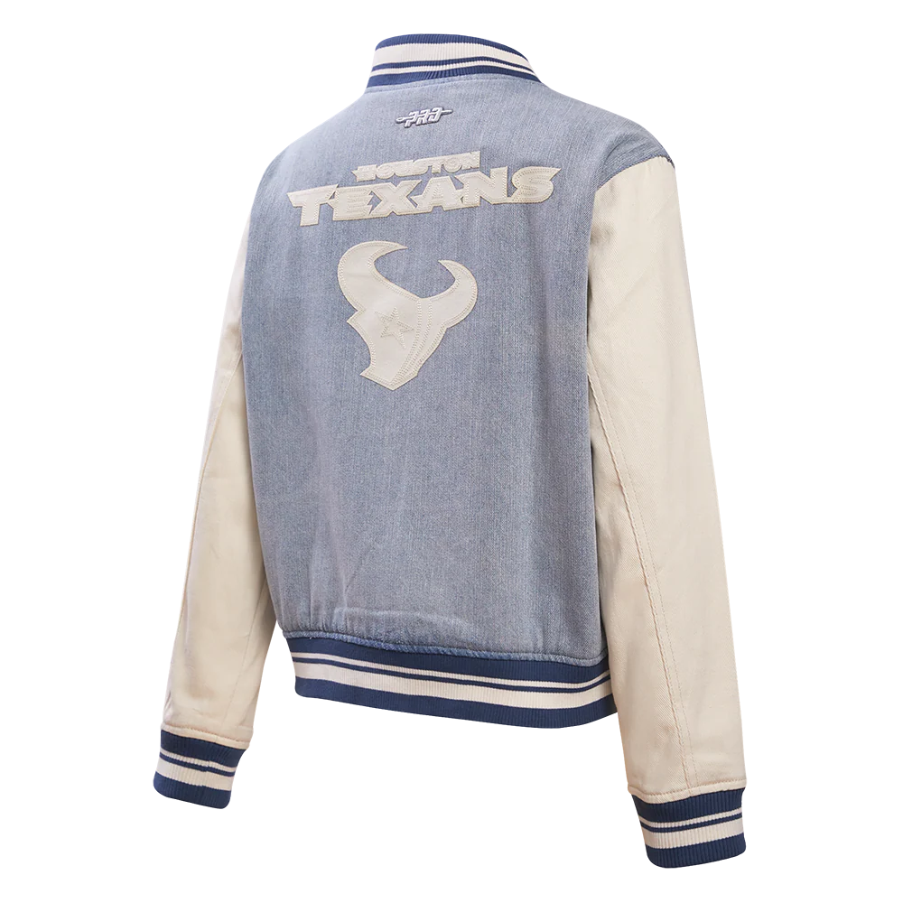 NFL HOUSTON TEXANS VARSITY BLUES WOMEN'S DENIM VARSITY JACKET (DENIM/LINEN) - Image 4
