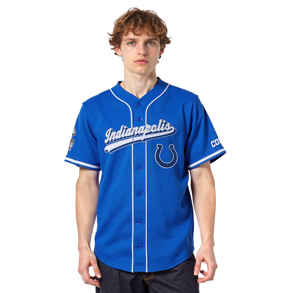 NFL INDIANAPOLIS COLTS SCRIPT TAIL MEN'S MESH BUTTON DOWN SHIRT (ROYAL BLUE)