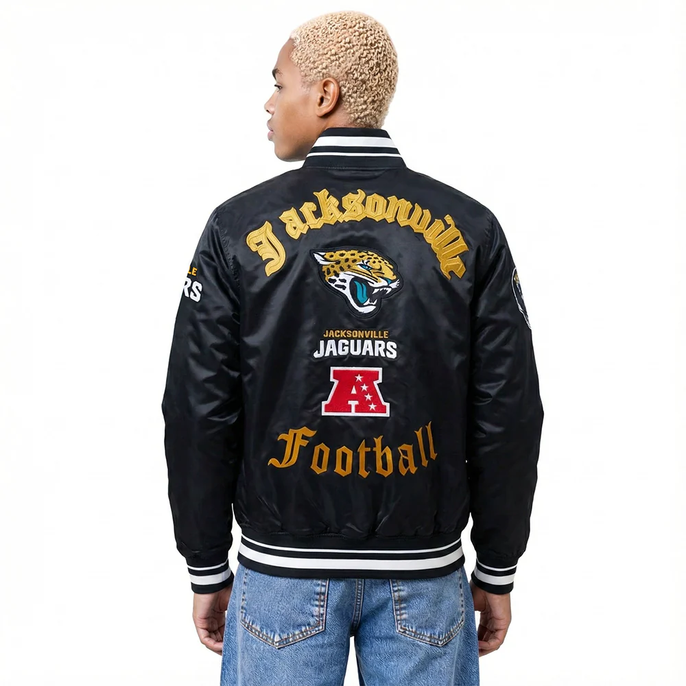 NFL JACKSONVILLE JAGUARS OLD ENGLISH MEN'S RIB SATIN JACKET (BLACK) - Image 2